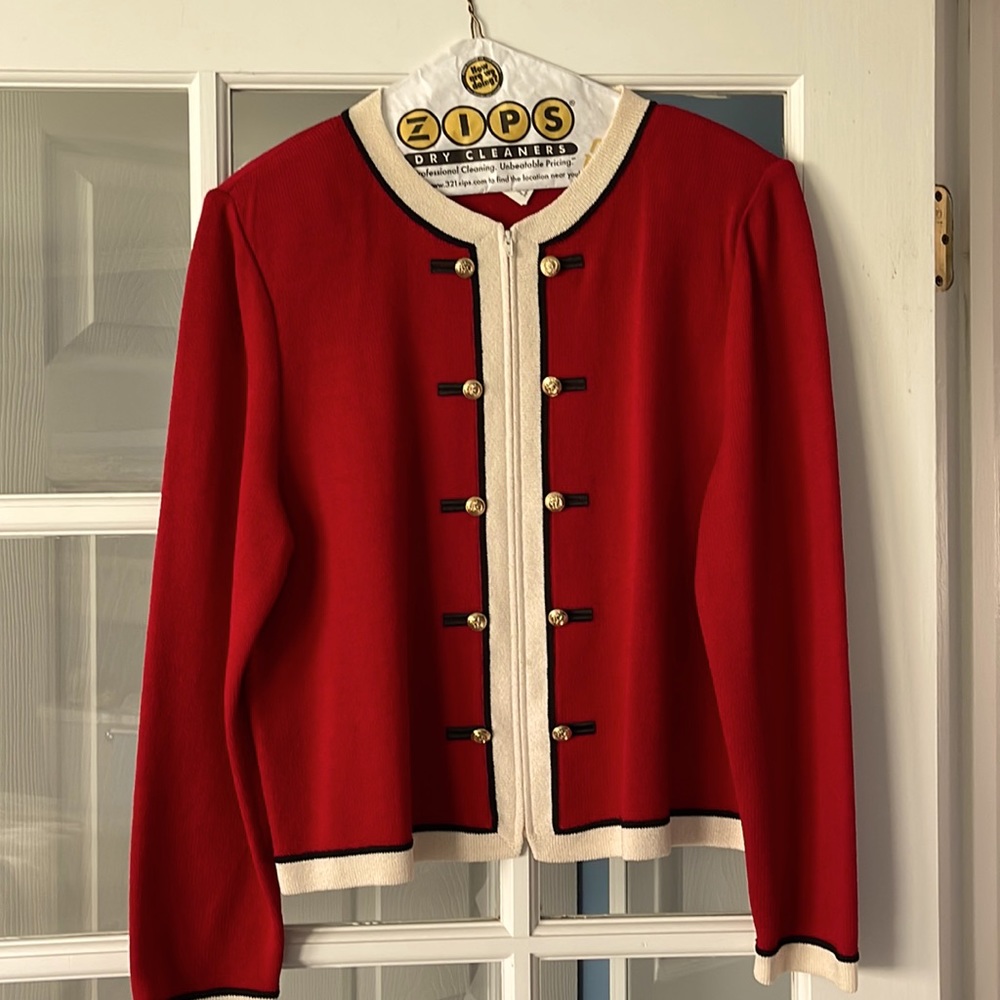 St John Knit Zip Red/Black/White Blazer/Jacket Size 14